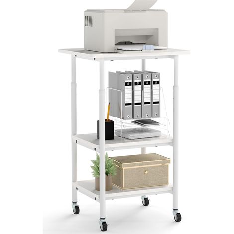 Supporto per stampante regolabile in altezza, carrello per stampante a 3 livelli con ripiani portaoggetti e ruote bloccabili, 49x40x65/77 cm, bianco (1/5)