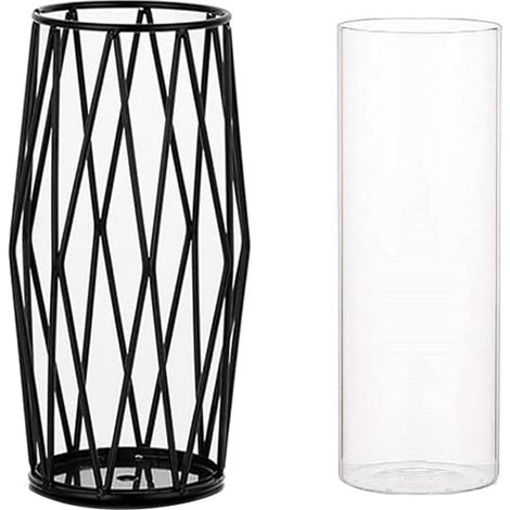 Vase Décoratif en Verre avec Support Métallique, Design Géométrique pour Centres de Table et Décoration Intérieure, pour Fleurs, Pampas et Plantes Hydroponiques - 28 cm, Noir (1/4)