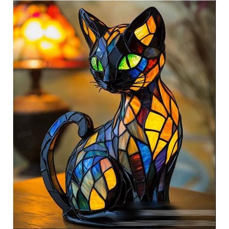 Lampe Chat,Lampe De Chat En Vitrail Vintage,Veilleuse Chat,Table De Chevet D'animaux À La Main À La Main Lumière De Nuit Lumière De Nuit À LED Colorée Décorative Pour Chambre À Domicile (1/5)