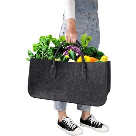 Panier organisateur en feutre pour cheminée, sac en feutre assorti, panier en bois avec poche, panier pour étagère à provisions, emballage en bois (50×25×25cm)[DB]