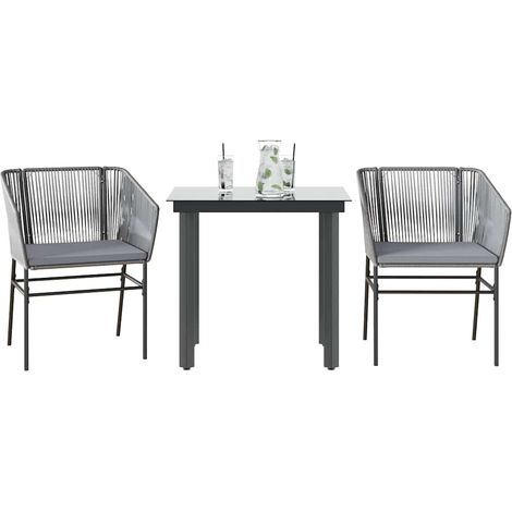 3-tlg. Garten-Essgruppe mit Kissen Grau Poly Rattan Glas