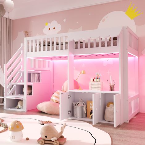 Kinder-Hochbett 90x200 cm mit Aufbewahrungstreppe, mehrfarbiger LED, weiß HAVRYA (1/5)