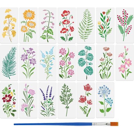 20 Pièces Pochoirs de Fleur et Feuille avec un Pinceau 15x30cm Pochoir de Peinture Thème Plante Gabarits Style Nature Réutilisables pour Peinture sur DIY Bois Toile Décor Murale Maison (1/5)