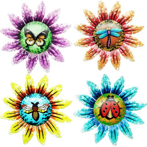 Ensemble de 4 ornements de jardin en métal, tournesols, décorations murales 3D colorées à motifs libellule et coccinelle, idéales pour décorer abris de jardin, clôtures et autres espaces extérieurs. (1/5)