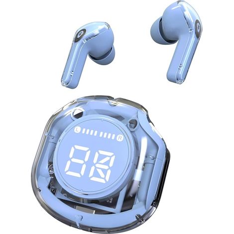 Auriculares Crystal (azul bebé): sumérgete en un mundo de color y sonido con elegantes tonos pastel y una carcasa con pantalla LED transparente: experiencia de audio inalámbrica premium