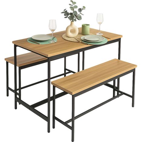 Juego de Mesa Fija de Cocina con 2 bancos, Muebles de Cocina Lari Roble Cambrian y Negro Mesa 110x75x60 cm y 2 Bancos 98x45x30 cm