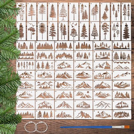 70 pièces de pochoirs forêt de montagne pour peinture, pochoirs peinture pin pour artisanat réutilisables, petits pochoirs muraux avec pinceau pour bricolage bois tissu meubles (1/5)