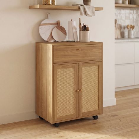 Mueble auxiliar de cocina HANAE con cajón con acabado de madera y armario de mimbre, 60 cm de ancho (1/5)