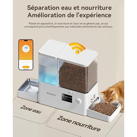 ROJECO Distributeur Croquettes Chat Automatique 2-en-1 Wi-FI 36 Tasses/8.5L : Grande capacité 5L Nourriture + 3.5L Eau par gravité mangeoire + Abreuvoir pour Chats (1/2)