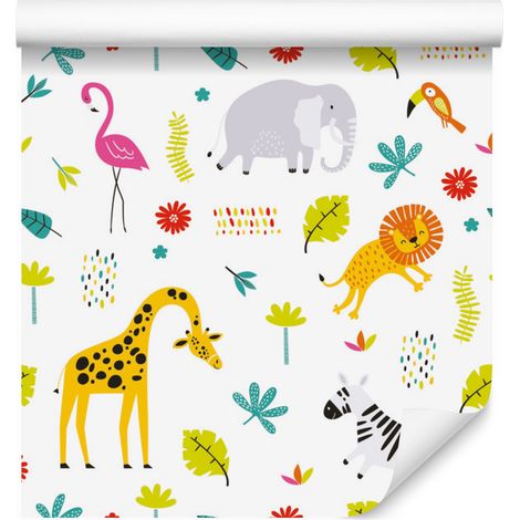 Papier peint flamants roses, lions et éléphants pour salon et chambre 50x1000 cm (1/5)