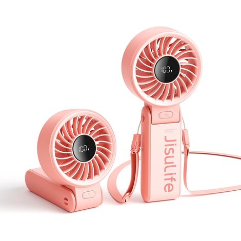 Ventilatore portatile, ventilatore palmare con display a LED [raffreddamento massimo 19,5 ore] 5000 mAh, piegato a 150°, 5 velocità, cordino ventilatore 3 in 1 da mano/scrivania/collo - Rosa (1/5)