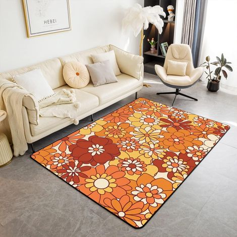 Tapis Salon 100x150 Boho Floral, Tapis d'intérieur Fleurs Rétro Groovy, Tapis Chambre 60S 70S Hippie Flower Power pour Enfants Filles, Tapis Décoratif Jardin Naturel Groovy Botanique (1/5)