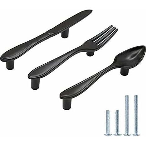 Lot de 3 poignées d'armoire en forme de cuillère à couteau en forme de fourchette poignées de porte trou central 7,6 cm noir mat (1/5)