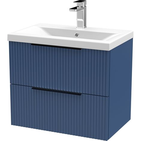 Fluted Front Wall Hung 2-Drawer Bathroom Vanity Unit with 1 Tap Hole Basin, 600mm, Satin Blue, Black Handles
