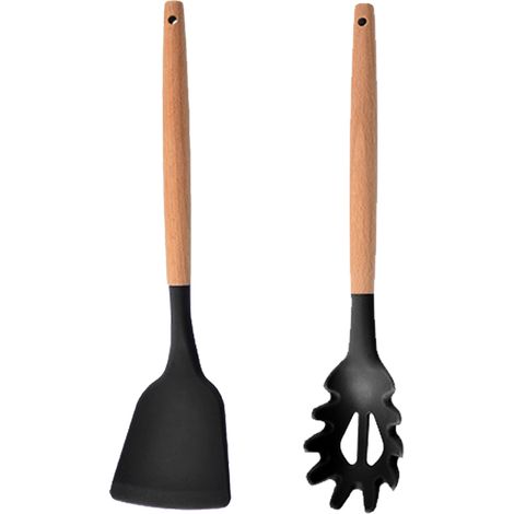 Ustensiles De Cuisine En Silicone - Manche En Bois Résistant À La Chaleur - Pour Cuisson Et Service - Ensemble De 2 Pièces (1/5)