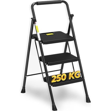 HYTAMA Klapphocker mit breitem, rutschfestem Pedal, robuste Stahlleiter, bequemer Griff, leicht, tragbarer Hocker aus Stahl, EN14183 zertifiziert (Schwarz, 3 Stufen) 3 GRADINI