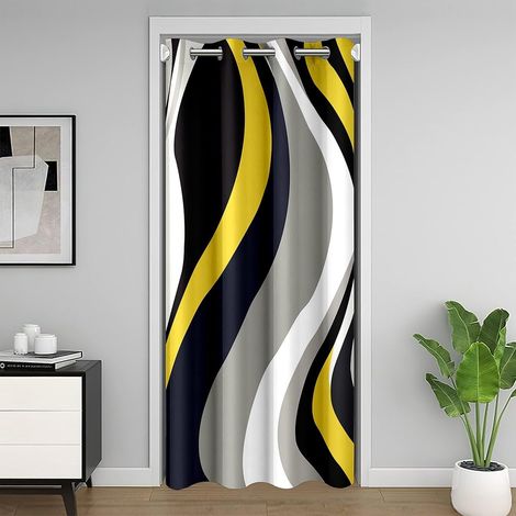Vert Jaune Noir Gris Stripes Rideau Occultant Rideaux Géométrique Résumé Rideau de Porte 86x203cm Géométrie Rideaux Interieur Salon Chambre Stripes Art Rideaux Exterieur d'entrée - 86L X 203H cm (1 Pa (1/5)