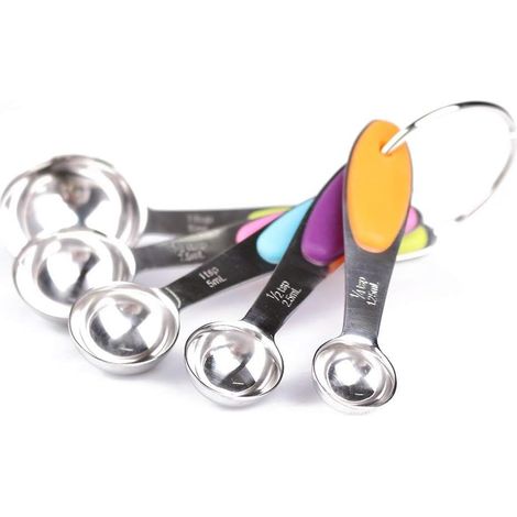 Messlöffel-Set aus Edelstahl, bestehend aus 5 Messlöffeln und 1 rundem Silikonhalter, mit internationalen Maßeinheiten, spülmaschinenfest, ideal zum Kochen und Backen.
