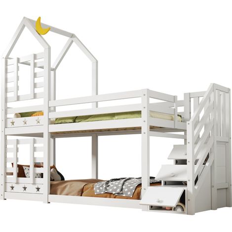 Lit superposé cabane en bois blanc 90x200 cm avec tiroirs, rangements dans l’escalier, barrières et 2 sommiers à lattes (1/5)