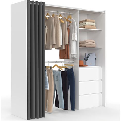 Dressing extensible MARTY 120/170 x 50 x 180 cm blanc avec 3 tiroirs + étagères + double penderie + rideau gris