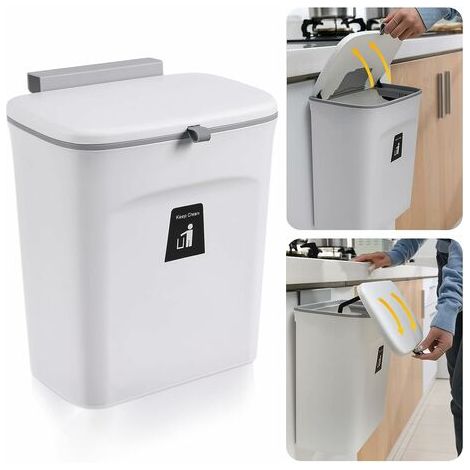 Hängender Küchenabfalleimer mit Deckel, Küchenschranktür, Schrankabfalleimer, Abfalleimer unter der Spüle, Abfalleimer für Schlafzimmer, Badezimmer, Büro, Wohnmobil, 9 l (weiß) (1/5)