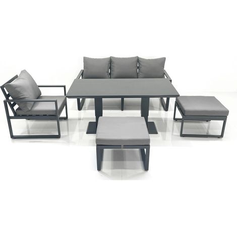 Fimous 6 Seater Garden Sofa Set Aluminium Furniture Rising Dining Tabe Set with Chair 2 Big Footstool Dark Grey (1/5)