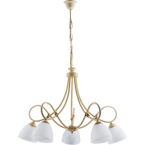 Lampadario ferro Avorio decape cinque luci paralumi vetro Alabastro bianchi 69x h52 cm (1/3)