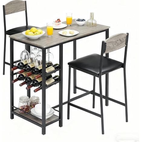 Bartisch Set mit 2 Stühlen, Stehtisch mit Wein- und Glasregal, platzsparend, Grau (1/5)