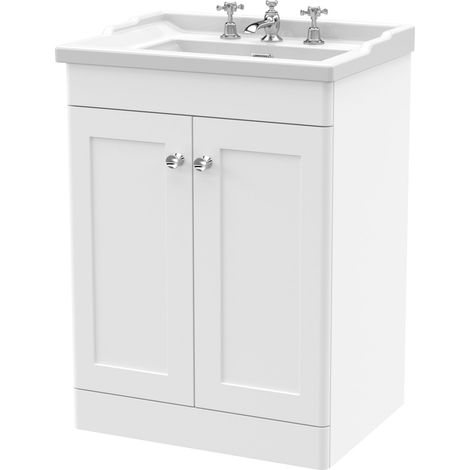 Nuie Classique Floor Standing 2-Door Vanity Unit with Traditional Basin 600mm Wide Satin White - 3 Tap Hole