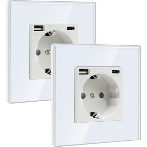 Steckdose mit USB (Max. 2.1A) und Type C,Weiß Unterputz Steckdose USB,Schutzkontakt-Verlängerungssteckdosen Ladegerät für Handys, Laptops etc(1 Fach-2Pack) (1/5)