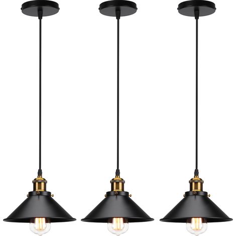 Lustre Suspension Industriel Vintage E27 Luminaire Plafonnier Métal Lampe à Suspension Réglable Ø22CM Noir - 3Pcs (1/5)