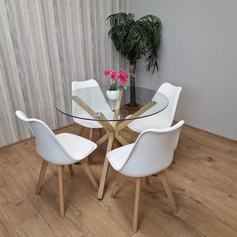 Dining Table Set with 4 Chairs Round Wood Effect Legs 4 Plastic White Chairs Dining Room (1/5)