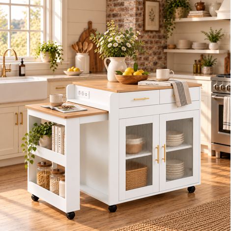 Isla de cocina extensible 177x60 cm en tableros de partículas blanca con almacenaje - CHICFURN (1/5)
