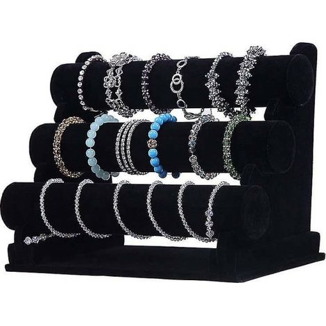 Présentoir à bijoux 3 étages en velours, support amovible pour bracelets et colliers, écrin de comptoir noir (1/5)