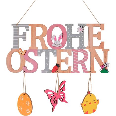 Plaque de Porte en Bois à Suspendre 29 x 44 cm, Décoration de Printemps Vert Pastel pour Entrée, Panneau avec inscription “Frohe Ostern”, Oeufs, Papillon et Pendentifs (1/5)