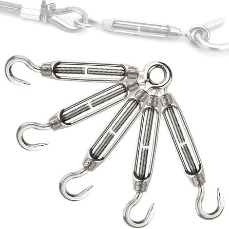 Lot de 5 Tendeurs de Câble Acier Inoxydable M5 Réglables avec Crochet et Œillet pour Corde à Linge Chaîne (1/4)