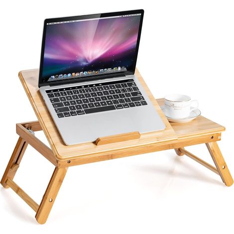COSTWAY Vassoio per Laptop in Bambù con Gambe Regolabili e Piano di Dissipazione Termica Inclinabile, Tavolino da Letto Pieghevole con Cassetto Portaoggetti per Leggere, Scrivere e Mangiare (1/5)