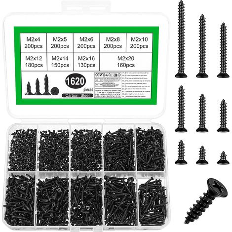 1620 Pcs M2 Vis à Bois, Vis Autotaraudeuses, Vis à Tête Fraisée Cruciforme, Vis à Tête Plate Croisée, Vis Tête Plate, Vis Autoperforante Vis Autoforeuse pour Bois Meubles(Noir) (1/5)