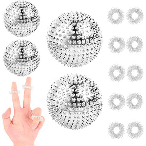 Lot de 4 balles d'acupression avec 10 anneaux d'acupression - Anneaux d'acupression magnétiques à pointes - En métal - Petites compétences - Anneaux de massage pour le stress - Argenté (1/5)