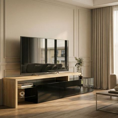 Meuble TV noir brillant - éclairage LED - Moderne élégance - Espace de rangement pratique - étagères en verre