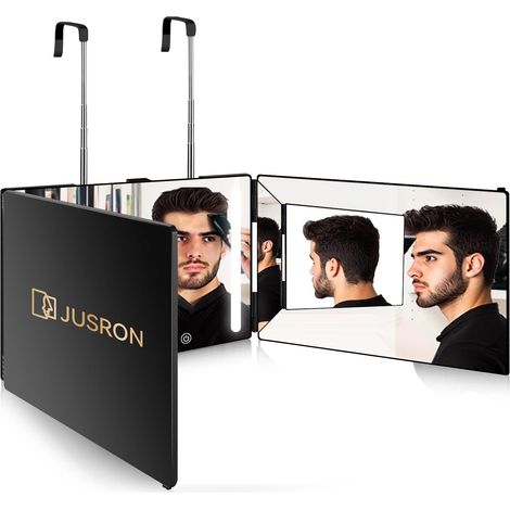 Miroir Maquillage Lumineux, 360° Coiffure Homme - Self Cut, LED, 3 Faces Barbier Supports Hauteur Réglable, pour Coiffure, Rasage et Coupe (1/5)