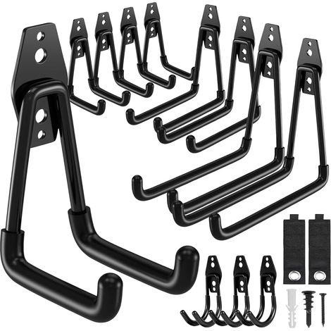 Crochet Mural Garage Lot de 14, Porte Outils Crochets Muraux Robustes avec Revêtement Antidérapant, Organisateur d'Outils avec Sangles de Rangement pour Échelle, Vélo, Câble, Tuyaux (Noir) (1/5)
