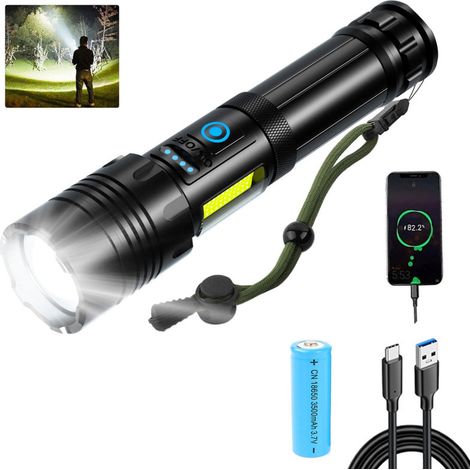 Lampe torche rechargeable LED XHP70, 20 000 lumens, 7 modes, zoomable, étanche (pour randonnée, camping)