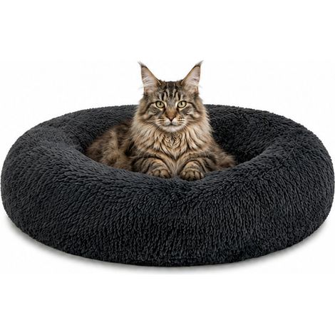 lionto Donut Katzenkissen, rundes Bett mit Plüschbezug & Anti-Rutsch-Boden, erhöhter Rand für Geborgenheit, 60 cm Durchmesser, dunkelgrau (1/5)