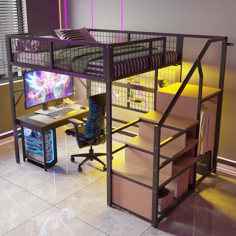 Lit mezzanine 140x200 cm en métal avec sommier à lattes inclus, escalier rangement, armoire ouverte, LED pilotable par appli, noir sans matelas (1/5)