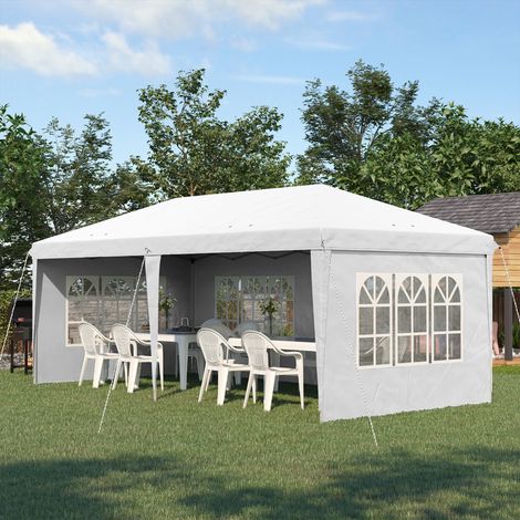 Gazebo da esterno bianco con Finestre Regolabile in Altezza e tende Removibili 5.9x3x2.7m