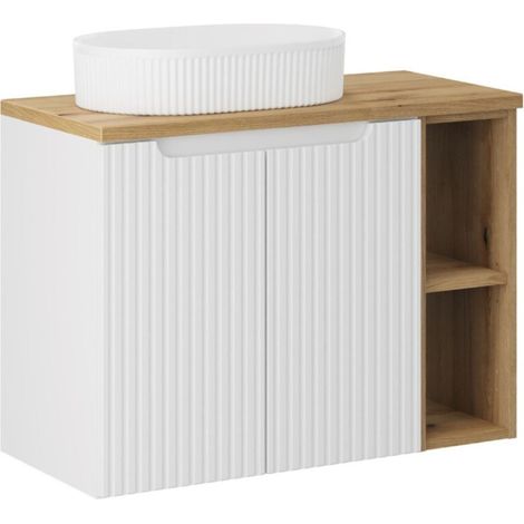 Set VANO bianco 80cm: mobili sotto lavabo con armadietti e nicchie a vista + piano per lavabo + lavabo da appoggio scanalato