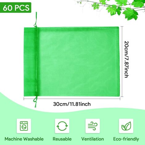 Sac Protection Fruits 60 Pièces, Sachet Protection Raisin 20x 30cm Jardin Sac Organza avec Cordon Contre Guêpe Drosophile Scarabées Oiseaux (Vert) (1/5)