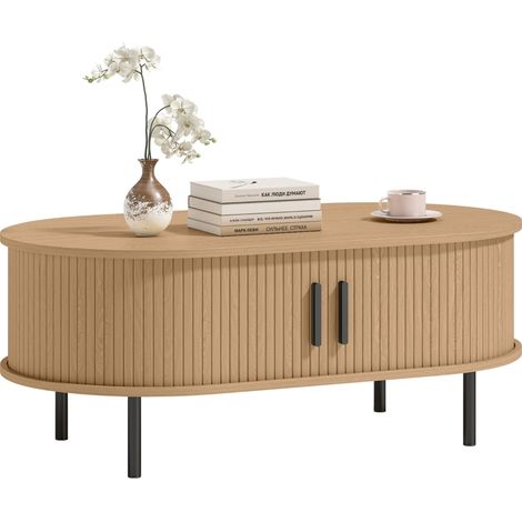 Table basse ovale en bois naturel moderne avec rangement caché et portes coulissantes 100x55x40cm pour salon élégant (1/5)