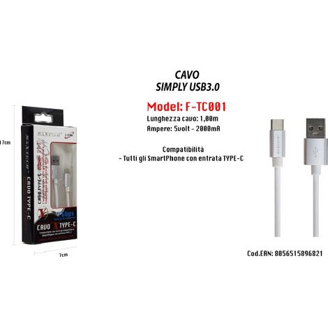 MaxTech - Cavo Usb Di Ricarica Simply Usb 3.0 Da 1mt Ampere Cellulare 5v-2000ma Maxtech F-tc001 -